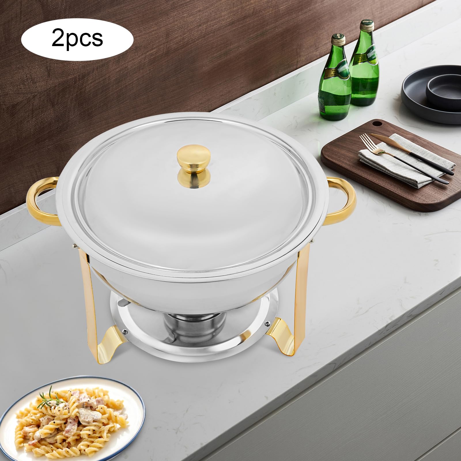 Set di 4 contenitori a buffet per chafing dish, in acciaio inox, 4 x 4,5 l, scaldamani per catering buffet e feste (2 pezzi/oro)