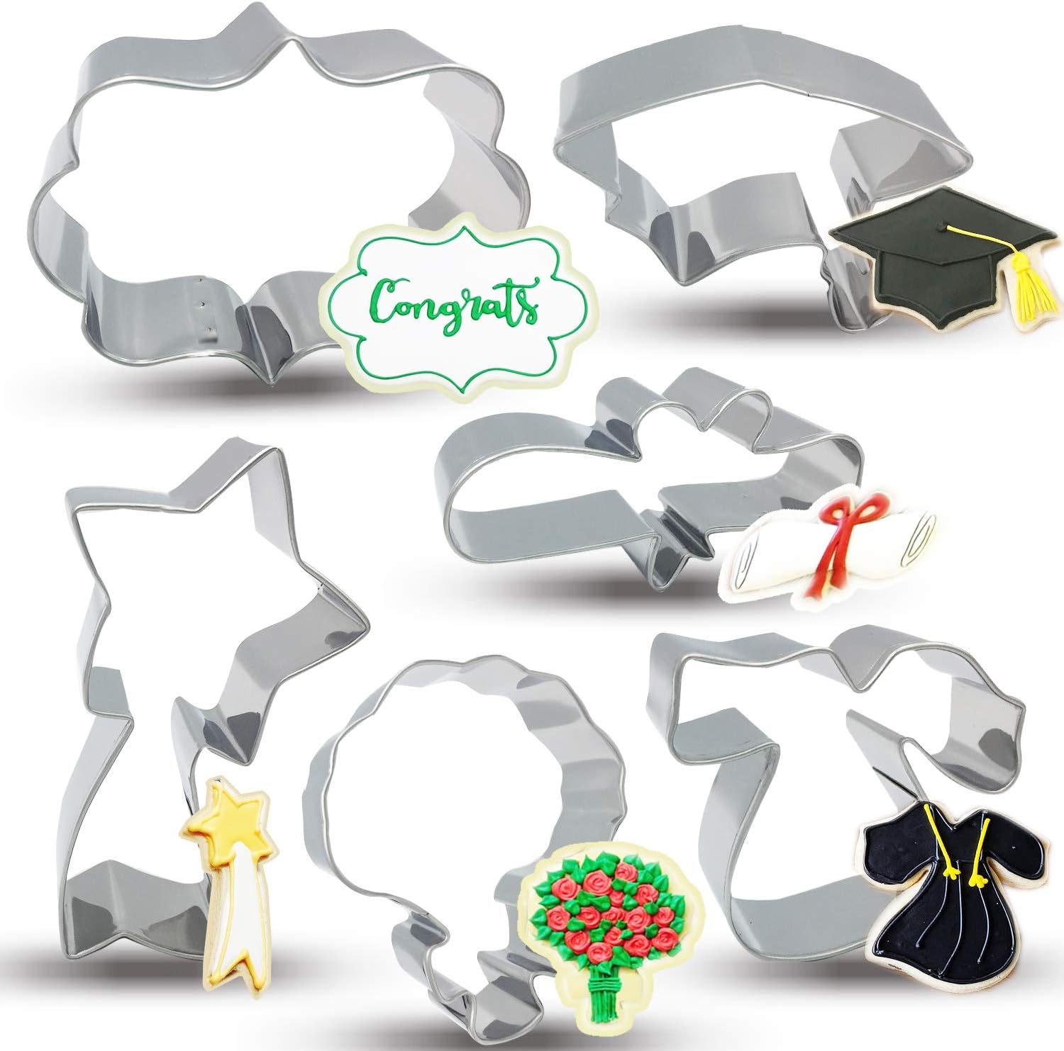 Bonropin Graduation Cookie Cutters Set - Small Size 6 Piece Stainless Steel Graduation cap, Gown, Diploma, Bouquet, Shooting Star, Plaque Frame Cutters Mold for Making Pastry Cake Fondant Pancake