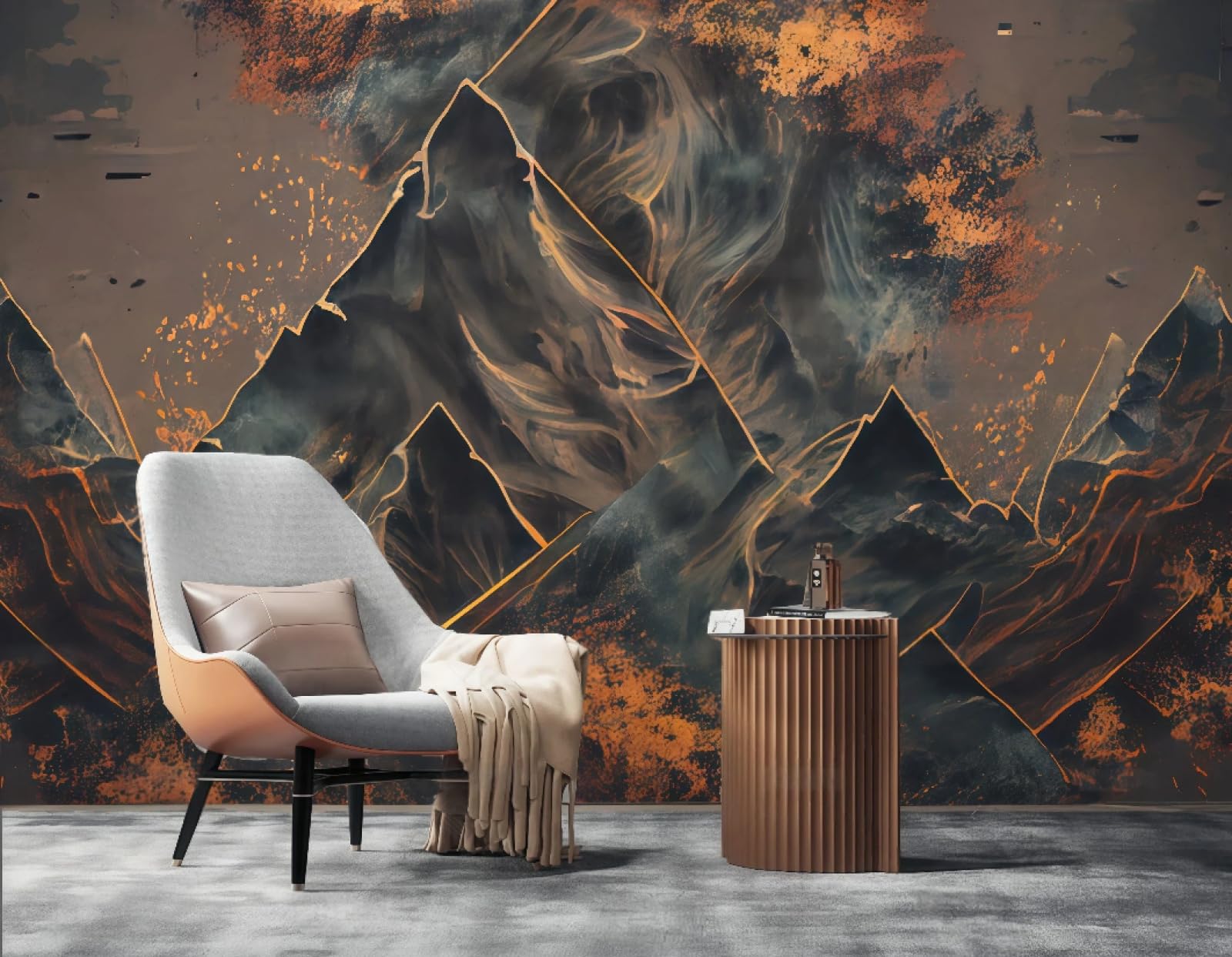 Tapeta nowoczesny abstrakcyjny krajobraz górski malarstwo pomarańczowy sofa tło TV fototapeta salon restauracja kawiarnia fototapeta, 3D, 150 x 105 cm
