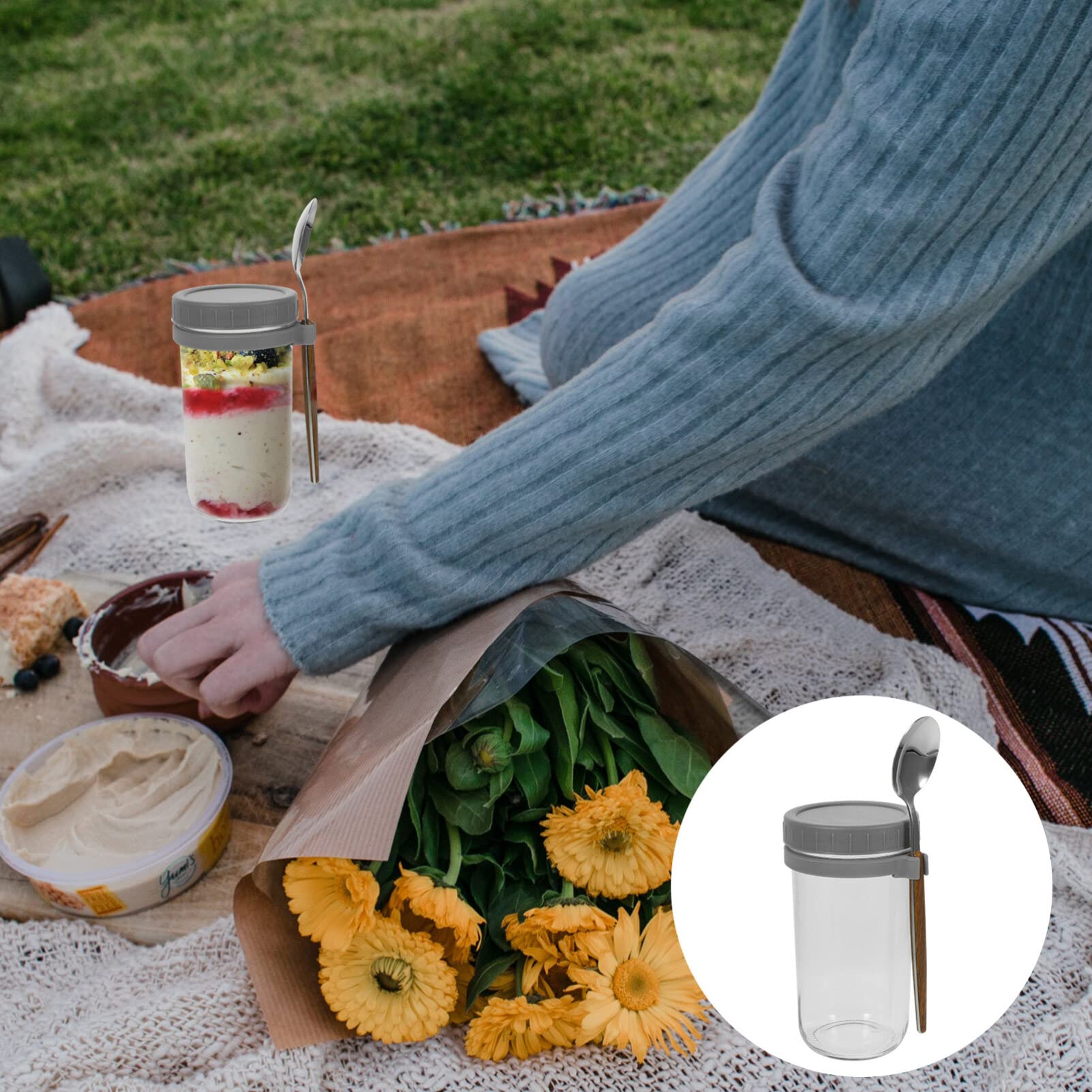 UPKOCH 2 Stück Praktischer Müslibecher aus Glas 600ml mit Löffeln | Deckel aus Kunststoff, Rutschfestes Design, Tragbar für Unterwegs, Haferflockengläser mit Deckel