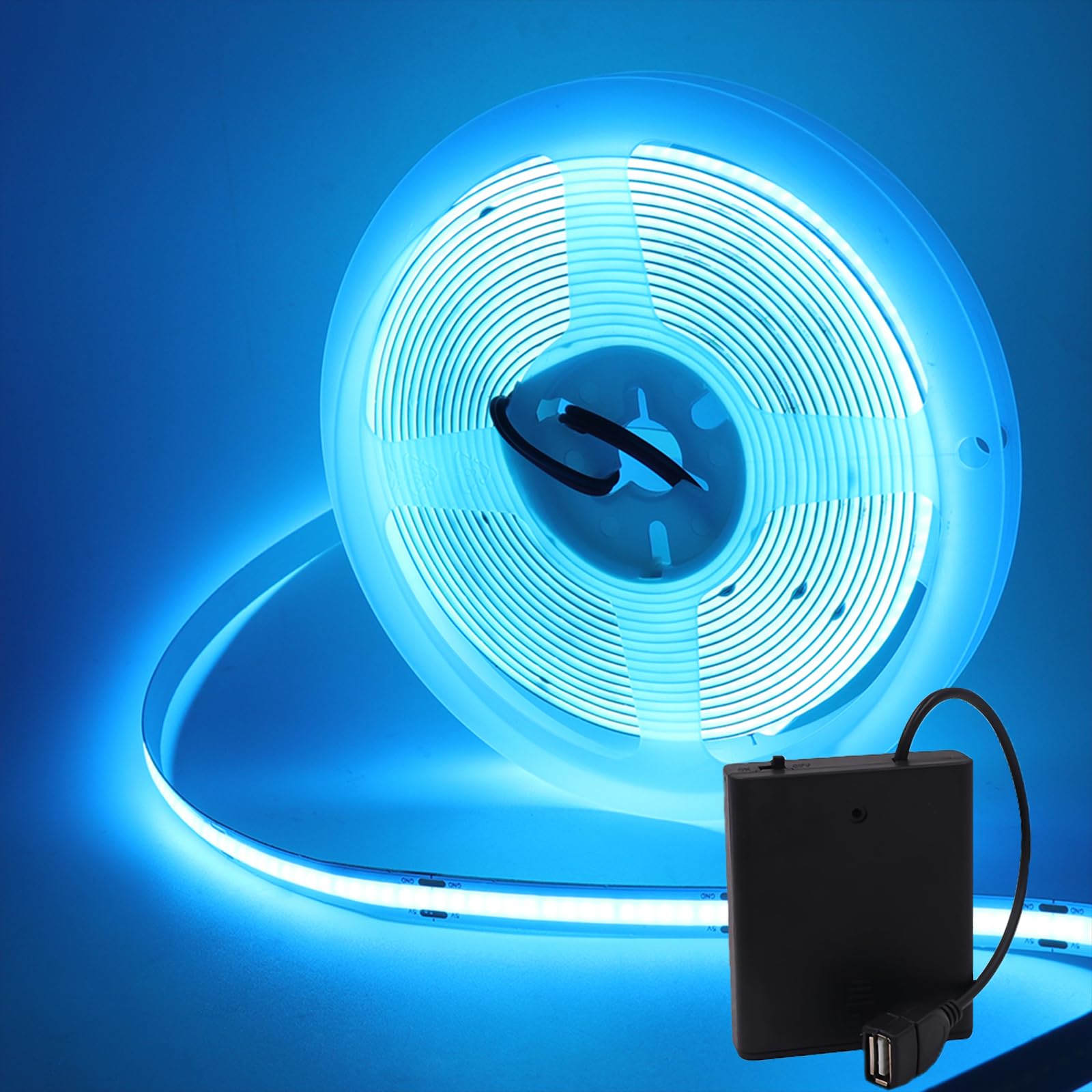 MIGUDA COB LED Strip Light, Ultra-Bright Self-Adhesive Tape, 320 LEDs/m Flexible LED Band with USB 4AA Battery Box for Christmas Decor (Batteries not Included) (5M, Ice Blue)