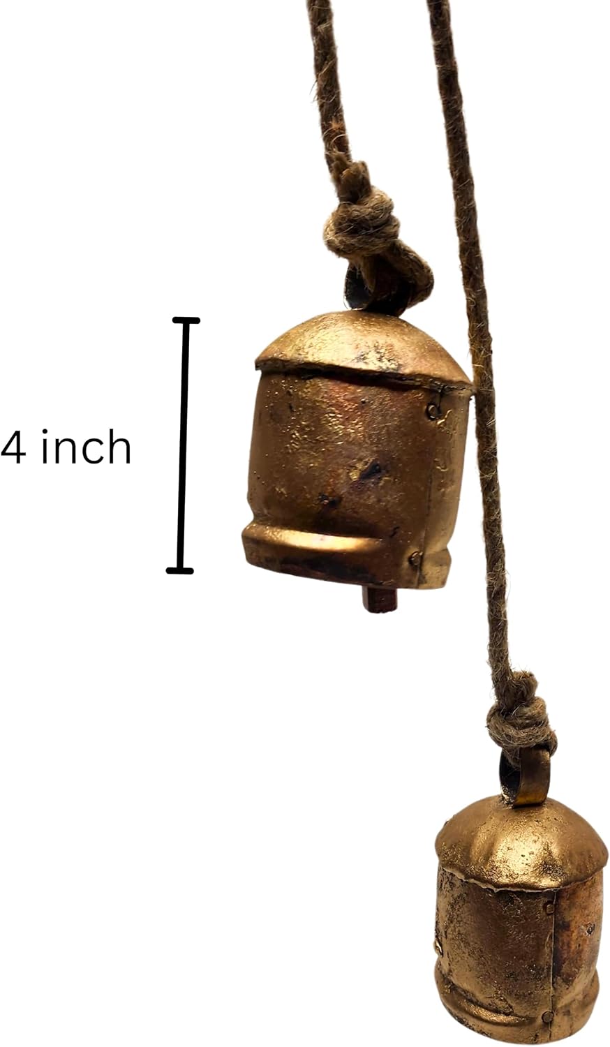 BELLUXE Small Vintage Rustic Lucky Tin Metal Cow Bells Handmade Christmas Décor Bells on Jute Rope Wall Hanging Décor (4, Small Cluster)