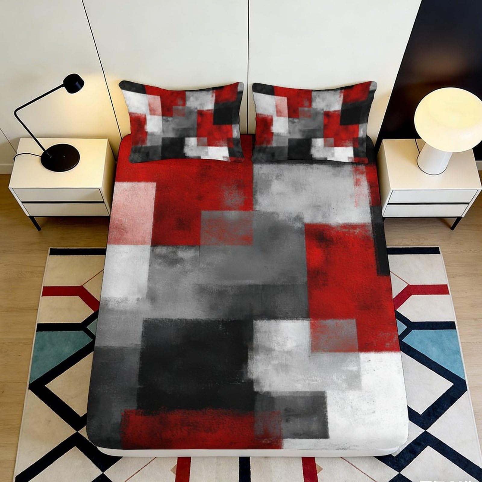3D Printed Geometric Patchwork Fitted Sheet Microfiber Deep Pocket Bedroom Bedding Geometric Mattress Fitted Cover Full Wrap for Adults 180x200x25cm