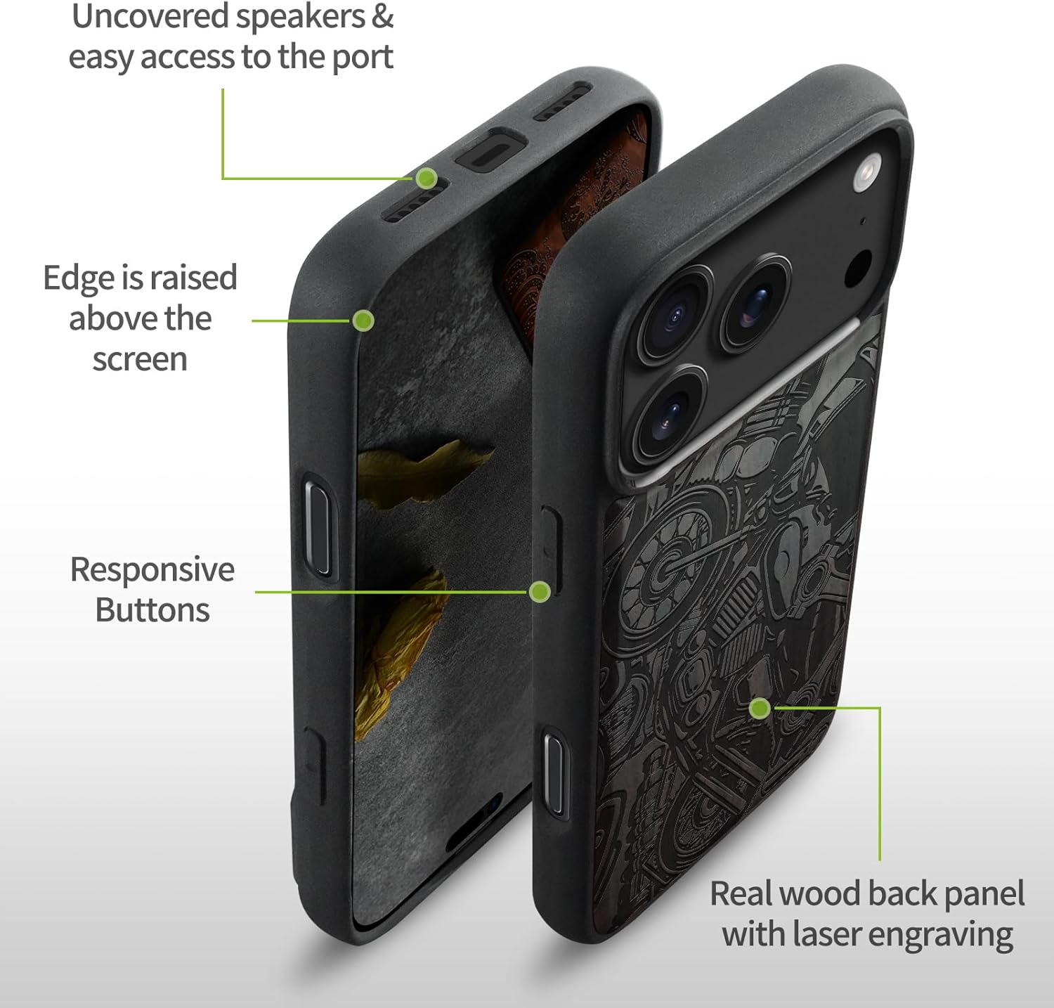 Carveit Magnetic Wooden Case for iPhone 17 Pro Max Case, Wood Artisan Engraved & Black Soft TPU Shockproof Cover, Compatible with MagSafe Wireless Chargers (Vintage Motorcycle Chaos) Blackwood