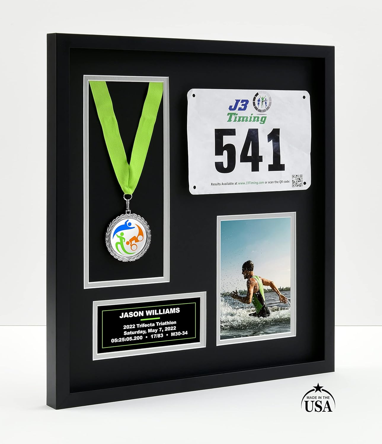 Runners/Sports Pro Display Frame for Medal Award, Racing Bib/Other, Photo & Printed Graphic Info Insert for Marathon Event, 10K, 5K, Triathlon, Biking, Swimming & Other Sport, Academic, Artistic, etc. Achievements (Black/Silver Mats)