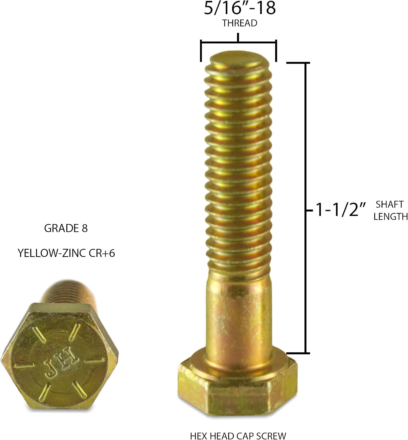 5/16"-18 X 1-1/2 Inch Bolts Hex Head Cap Screw, Grade 8, Partial-Thread, COARSE, Yellow-Zinc (100 Bulk Pack)