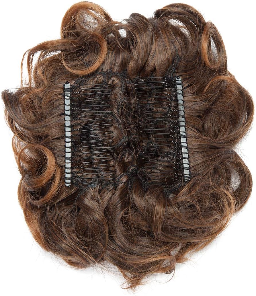 Short Combs Messy Curly Wavy Hair Extensions Bun Piece Up Do Drawstring Ponytail Clip in Comb Hair Extensions Chignon Dark Brown to Light Auburn - Image 3