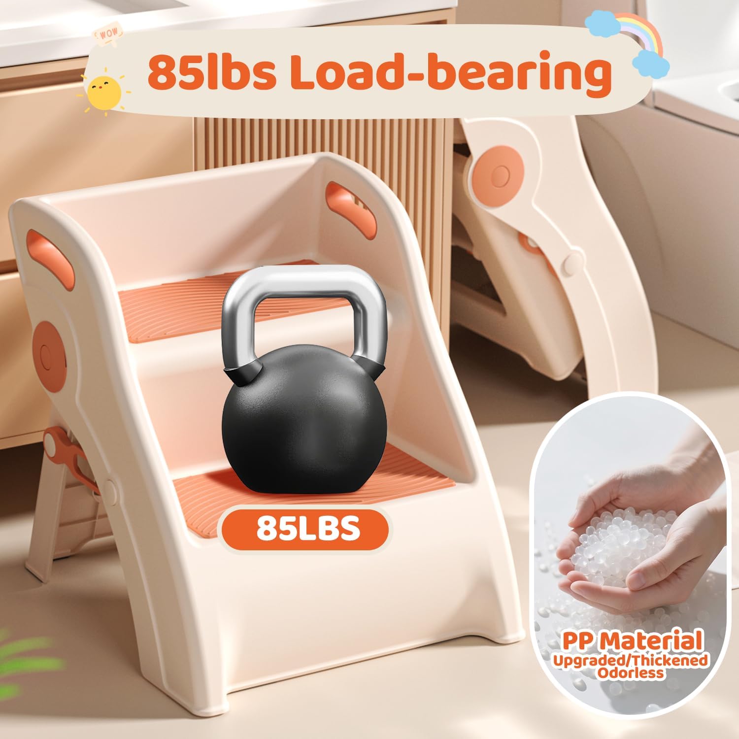 Toddler Step Stool for Bathroom Sink – Non-Slip Kids Step Stool, 100lbs Load Bearing Foldable Toddler Stool for Bathroom with Handles and Anti-Tip Design - Potty Training Stool for Ages 2+ (2.Brown)