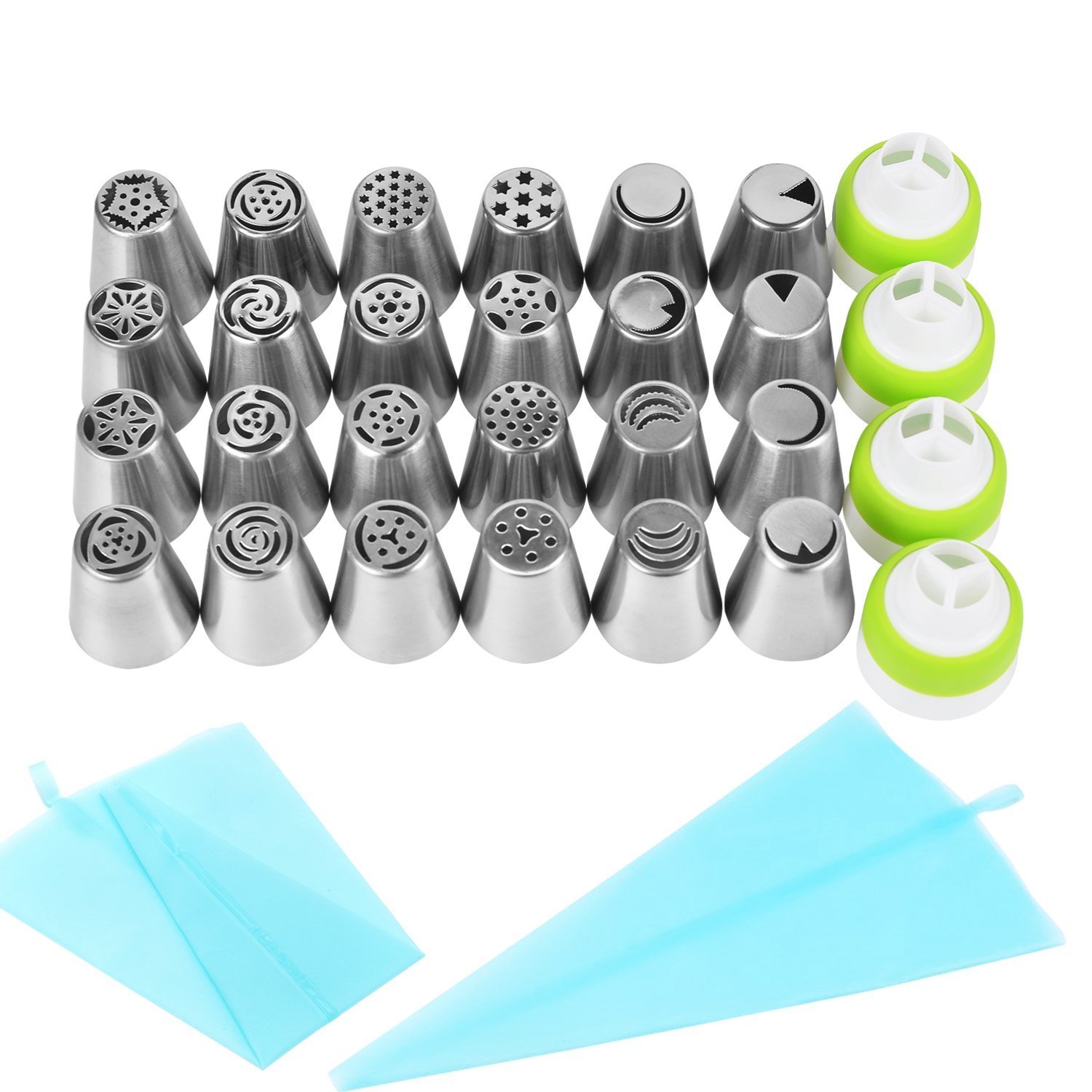 Russian Piping Tips Set with 304 Stainless Steel 30 Pieces Including 24 Russian Tips,4 Tri-color Couplers and 2 Silicone Bags For Cake and Cupcake Icing Decorating.