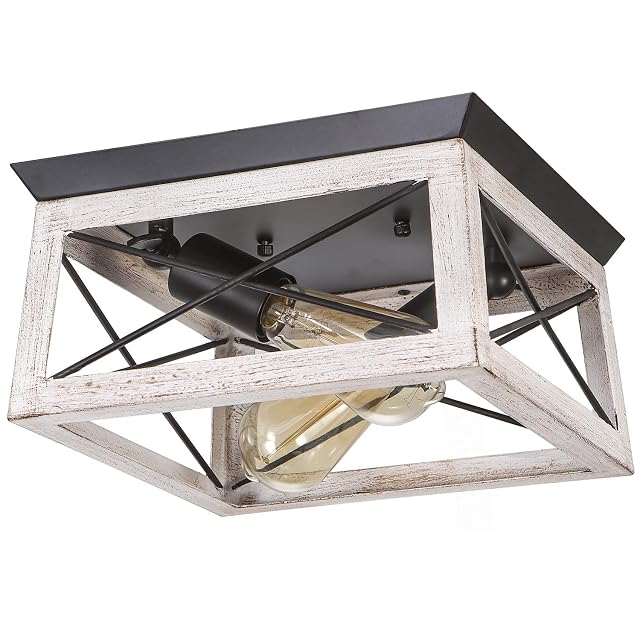 Luupyia 2Light Farmhouse Ceiling Light Fixture Semi Flush Mount White Ceiling Light Rectangle Rustic Lighting Farmhouse Hallway Lights