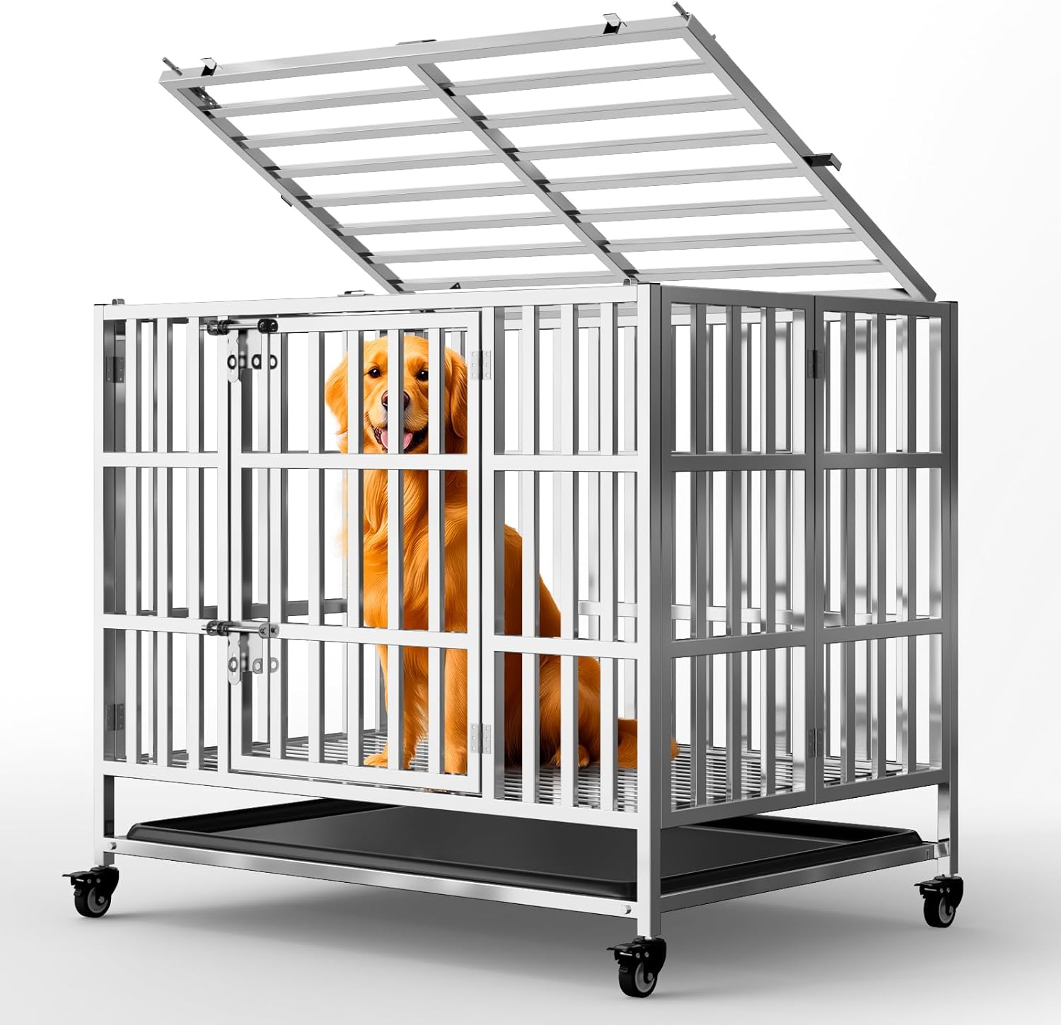42" Heavy Duty Dog Crate, Escape Proof Stainless Steel Dog Kennel with Top Opening, 4 Lockable Wheels, Easy Clean Metal Dog Cage for Large/High Anxiety Dogs