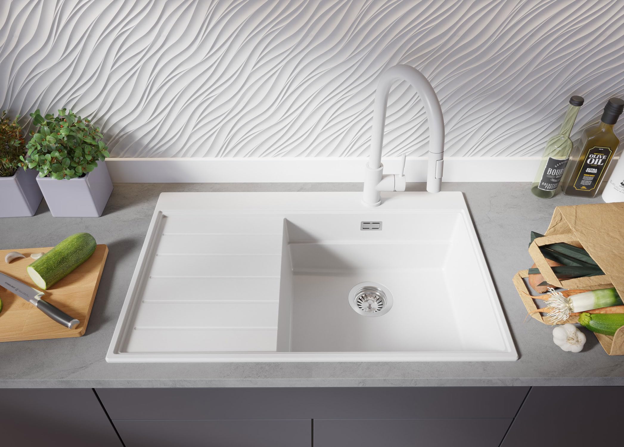 PRIMAGRAN Evier Cuisine en Granit Blanc 78x50cm, Lavabo 1 bac + Kit de Vidage, Évier à Encastrer au Meuble 50cm - Sydney S293