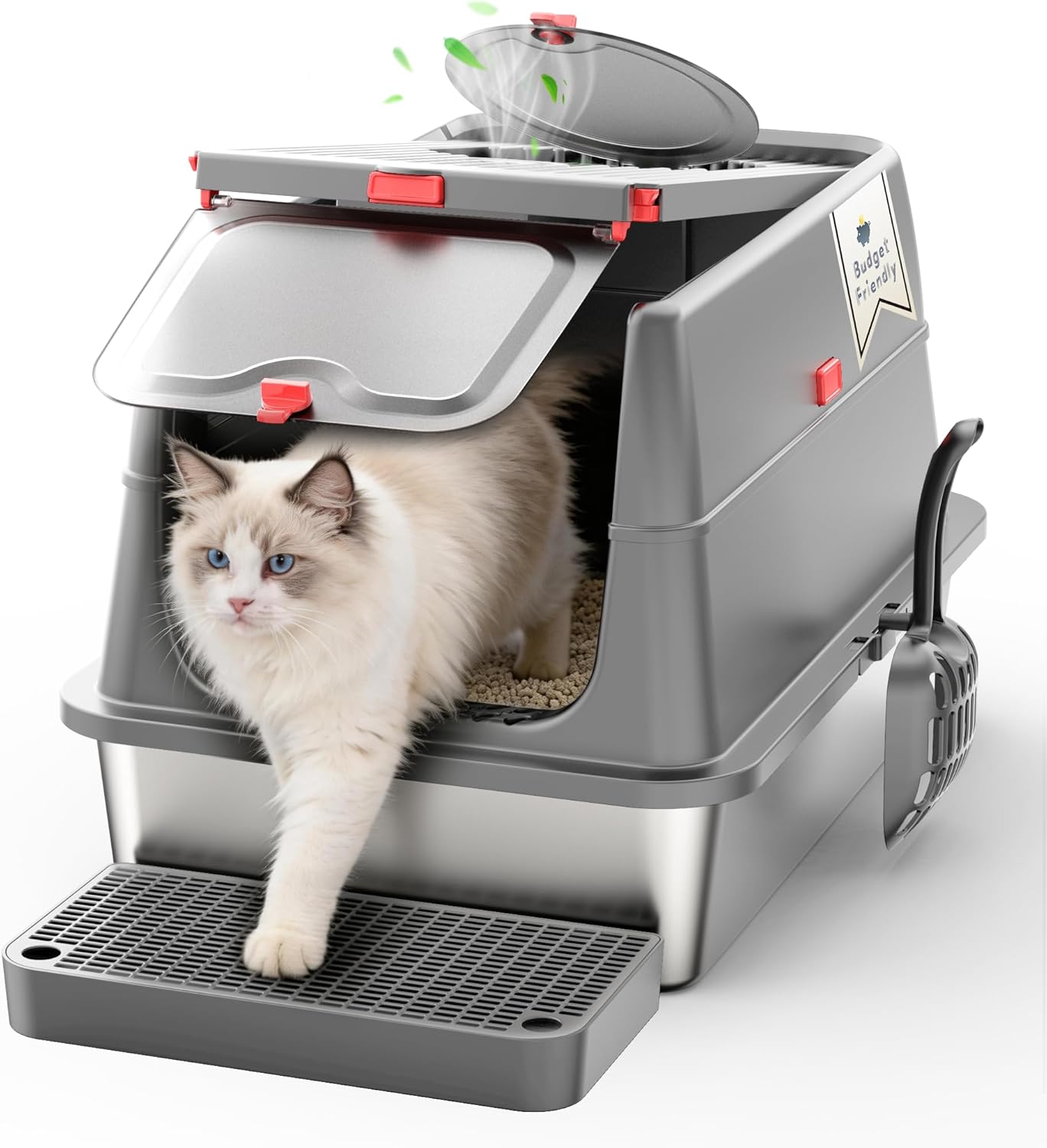 Stainless Steel Litter Box with Lid, SUS304 Metal Cat Litter Boxes, Enclosed Extra Large Kitty LitterBox High Wall, Jumbo Cat Toilet with Triple Pedal, Non-Sticky, Anti-Leakage (XL Grey)