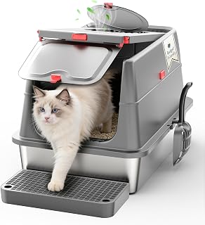 BEST JAJA 4-in-1 Convertible Stainless Steel Cat Litter Box with Lid | 4 modes in one box: open, high-sided or enclosed; fits kittens to senior cats; 160° flip-open lid; tracking pad and filter