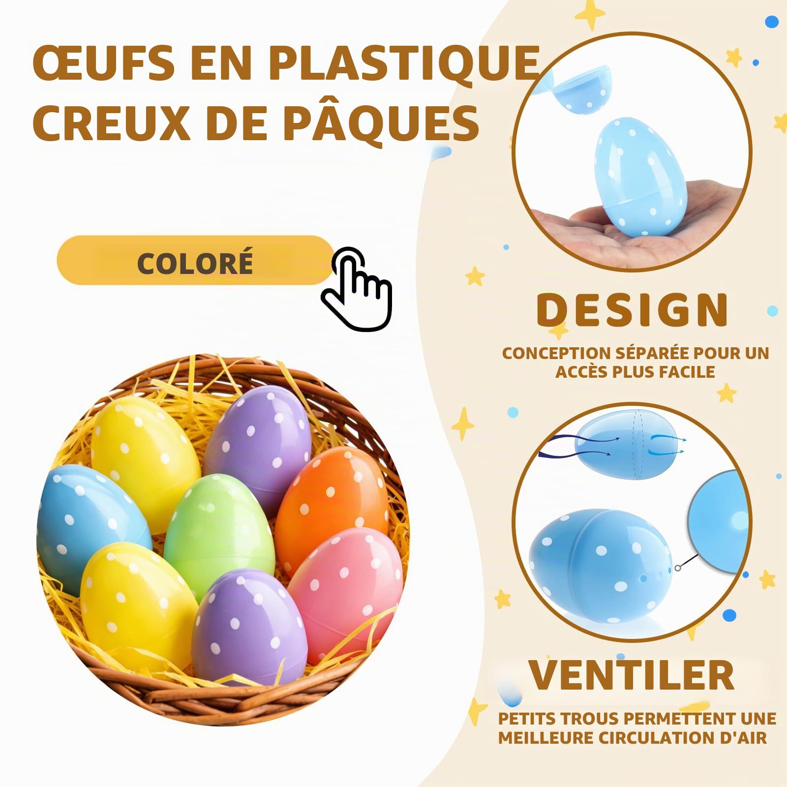 Œufs de Pâques à Remplir à Poser, SilverChry Œufs en Plastique à Peindre, DIY Divisibles avec 50 g de Papier Déchiqueté, pour Surprises et Petits Cadeaux(24, A, 7,5 x 5 cm)