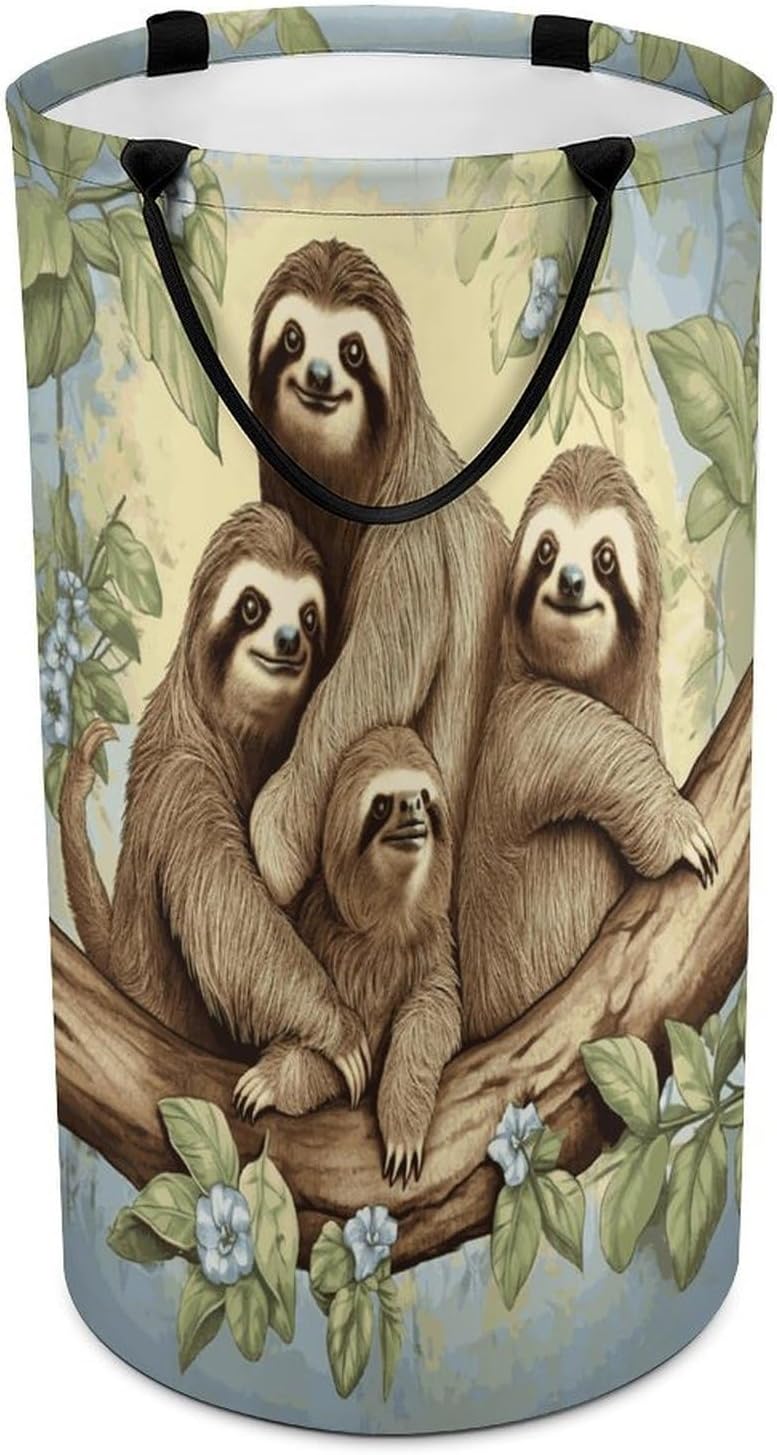 Sloth Family Laundry Hamper with Handles Freestanding Large Laundry Basket Collapsible Clothes Hamper Waterproof Clothes Basket for Family Bathroom Decor Storage 86L