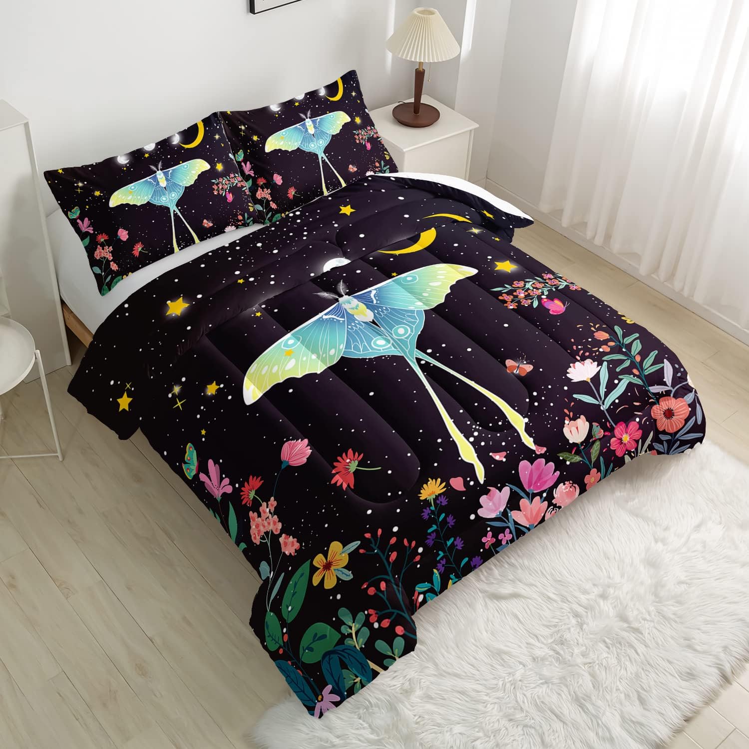 CVHOUSE Sun and Moon Comforter Set Queen Size, Death Moth with Flowers Pattern Bedding Set for Girls Adult Women Teen,3 Pieces,1 Quilt and 2 Pillowcases,Soft,Breathable