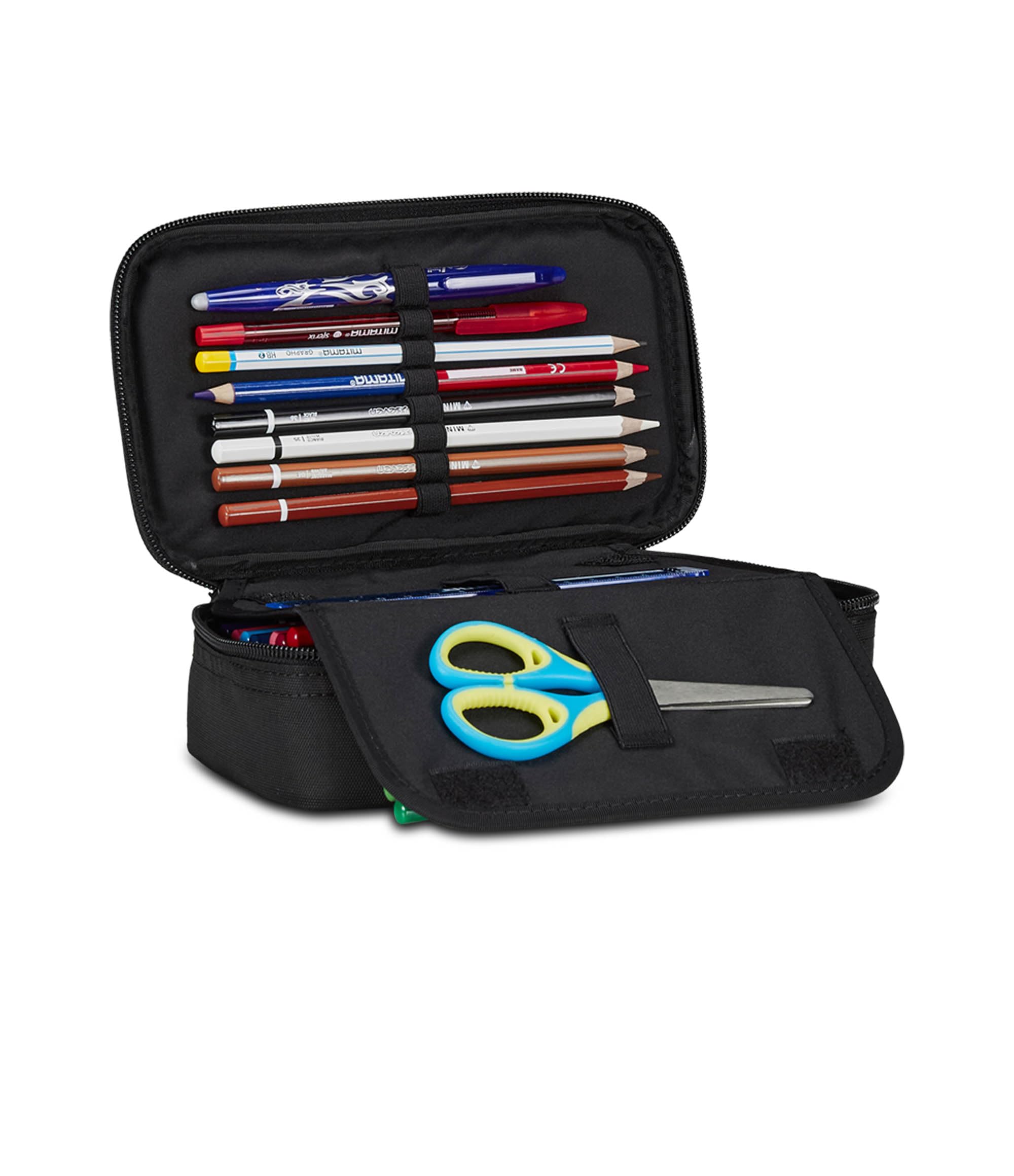 Seven Astuccio Scuola Elementare, 1 zip Tinta Unita, Medie, con Matite, Pennarelli, Penne, Ragazzo Ragazza, Quick Case, nero rosso