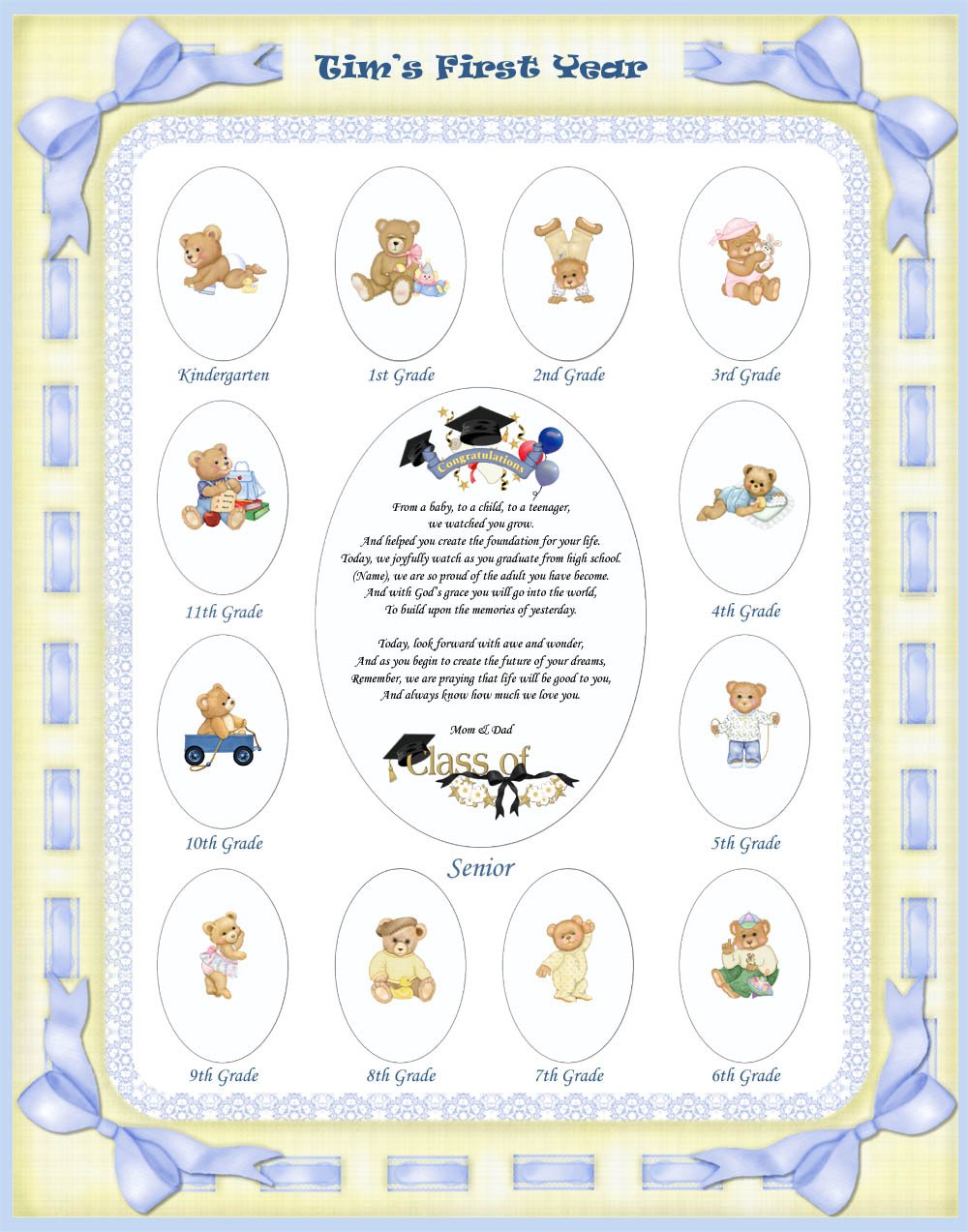 11 X 14 Size Personalized Blue Baby Boy Name Yellow Ribbon Border My School Years Picture Photo Mat with Teddy Bear Illustration and Poem Verse As Baby Shower, Birthday or Nursery Newborn Gift