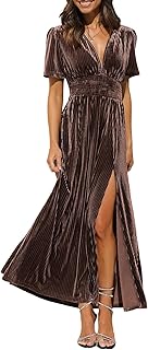Women's Retro V-Neck Velvet Maxi Dress Wedding Guest Formal Party Long Dresses