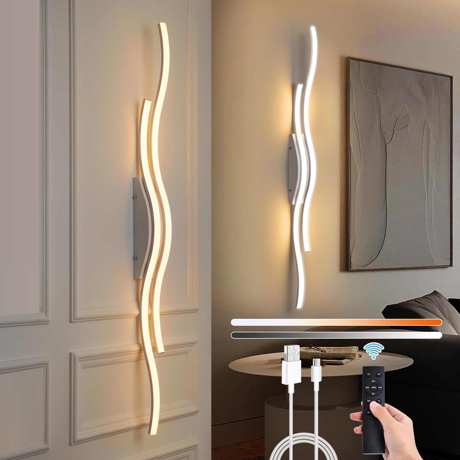 SERBASIC Battery Operated Wall Lights Wave Line,Rechargeable Wireless Wall Lights with Remote Control,Stepless Colors 3000K-6000K & Dimming,Morden Wall Sconces for Living Room