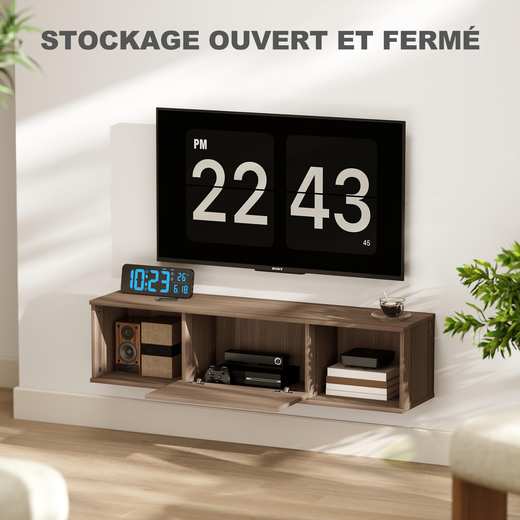 HOMCOM Mobile per TV sospeso 120 cm, armadio da parete, mobile pensile, stile moderno, con 2 scomparti aperti e porta pieghevole, colore: marrone