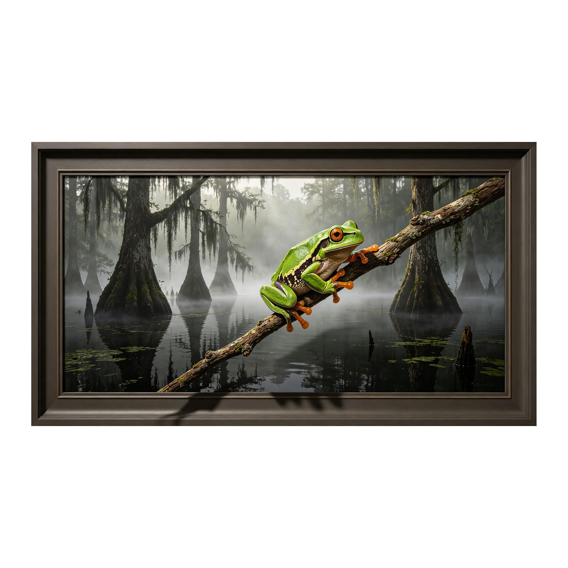 Yzpallescene 3D Framed Wall Art 50cm×100cm Tropical Tree Frog Misty Swamp Landscape Realistic Window View Large Size SelfAdhesive Removable Wall Decor Prints Artwork for Living Room Bedroom Office