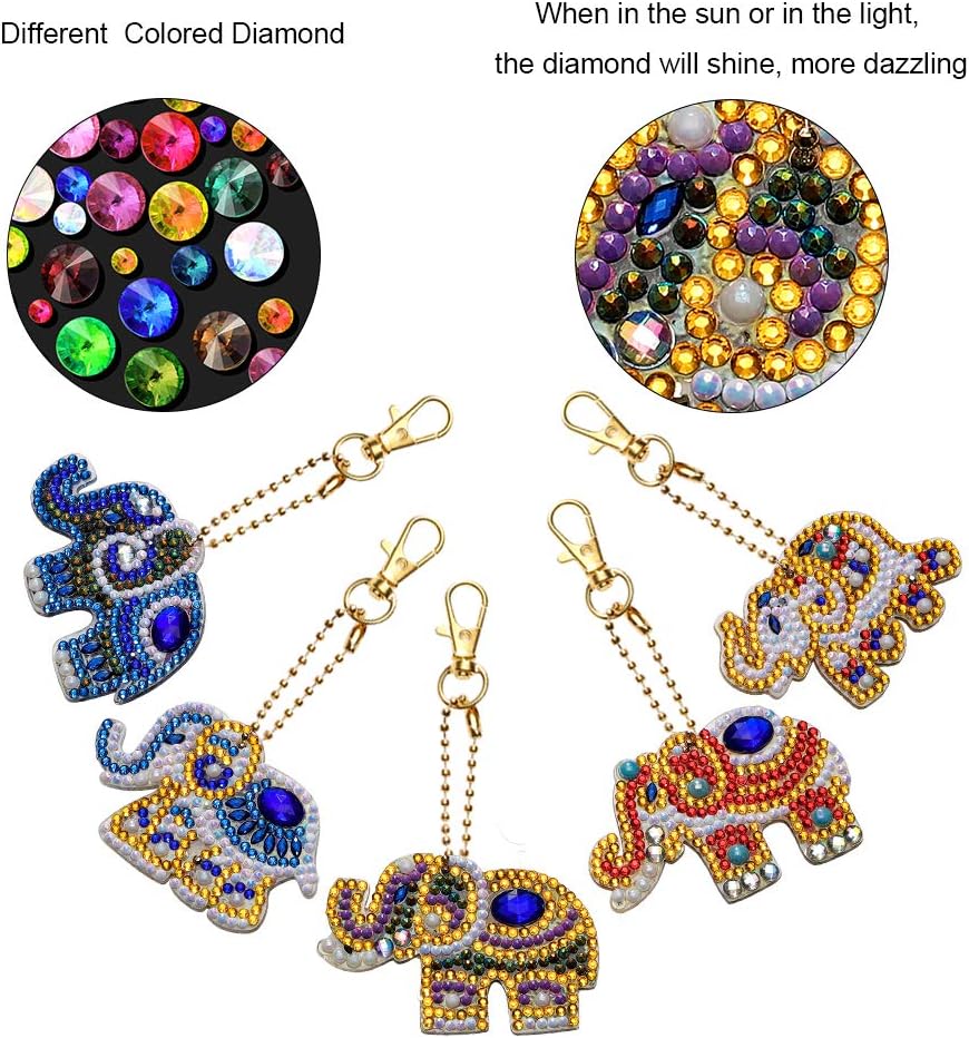 Soleebee 5pcs DIY 5D Full Drill Diamond Painting Key Chain by Number Kit Mosaic Making Double-Sided Drill Pendant Crystal Rhinestones Keychain Bag Charms Gift (Elephant)