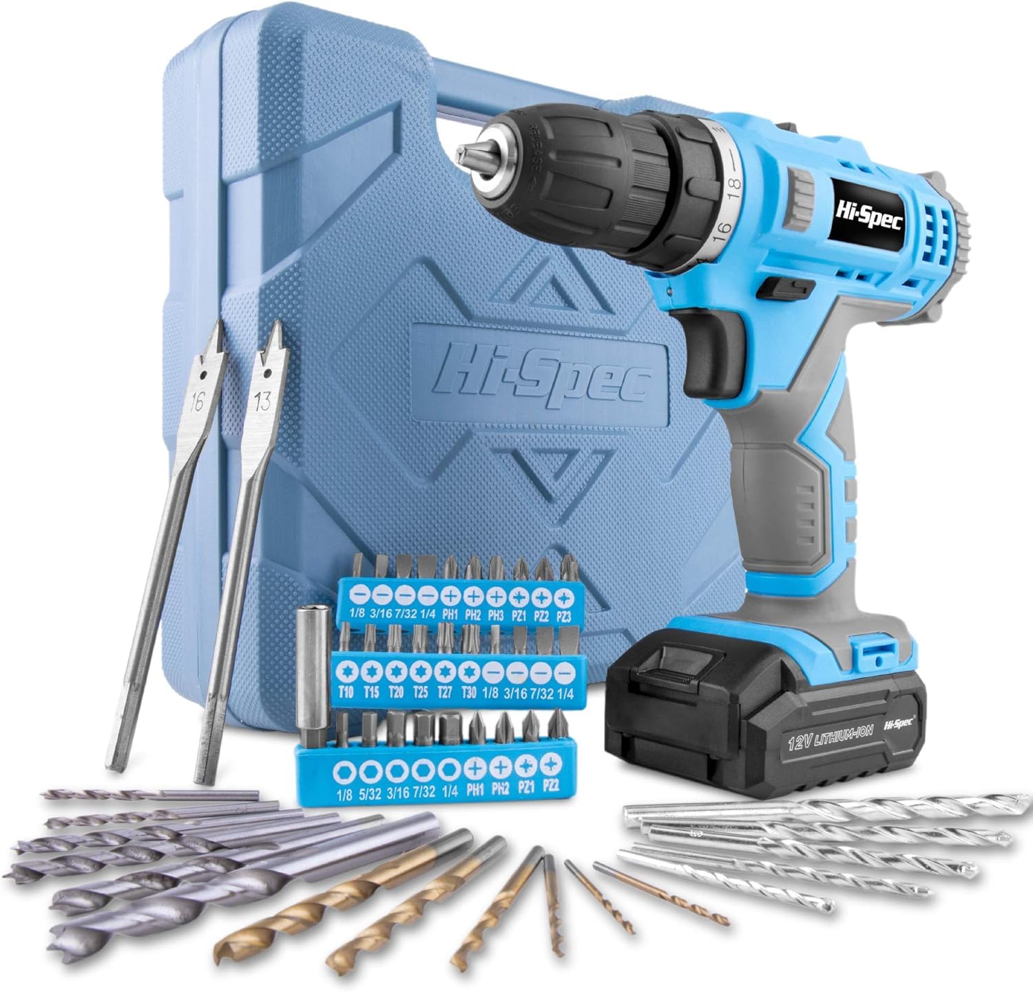 Hi-Spec Taladro Atornillador Destornillador Inalámbrico Azul de 12V Batería de 1300mAh hasta 20Nm, Velocidad Variable y Luz Led. con Maletín Estuche de 46 Puntas Brocas y Accesorios de Bricolaje.
