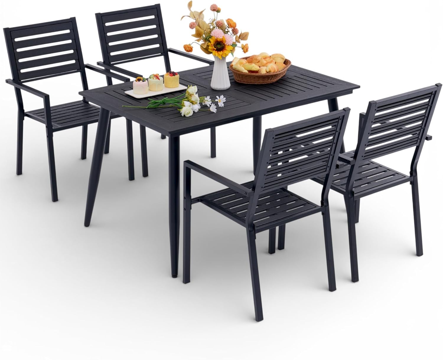 5-Piece Outdoor Dining Set - All-Weather HDPE Patio Table and 4 Stackable Chairs with Rust-Proof Steel Frame, Space-Saving Patio Furniture Set for Backyard (Black)