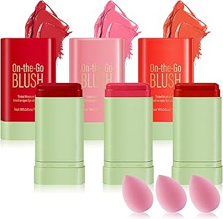 3PCS Blush Stick for Cheeks,Multi-use Solid Matte Makeup Stick Blush Cream for Cheek Eyes and Lips Tint,Moisturizing Tinted Cream Blush,Natural Blendable Cheek Blusher with 3 Makeup Sponges