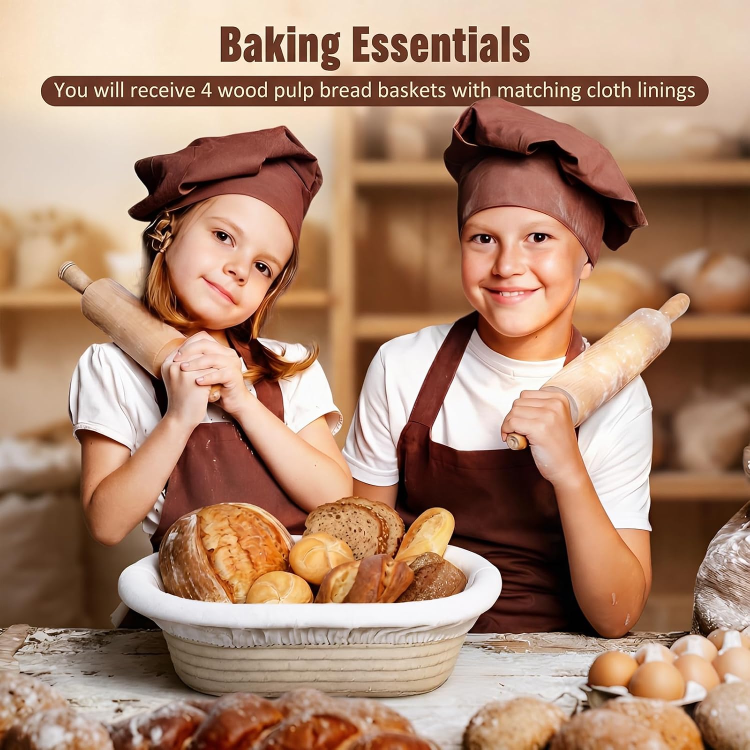Baderke 4 Pack Banneton Bread Proofing Basket Wood Pulp, Beige, Oval