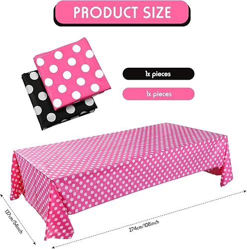 Miniatura 2 de Mantel de plástico de lunares blancos de 54 x 108 pulgadas, mantel de plástico con lunares blancos para decoración de fiestas (fondo rosa y negro)