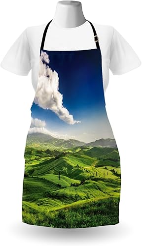 Miniatura 2 de Lunarable Landscape Apron, View of Valley at Sunset Country Road Rural Path Italian Romantic Print, Unisex Kitchen Bib Apron with Adjustable Neck