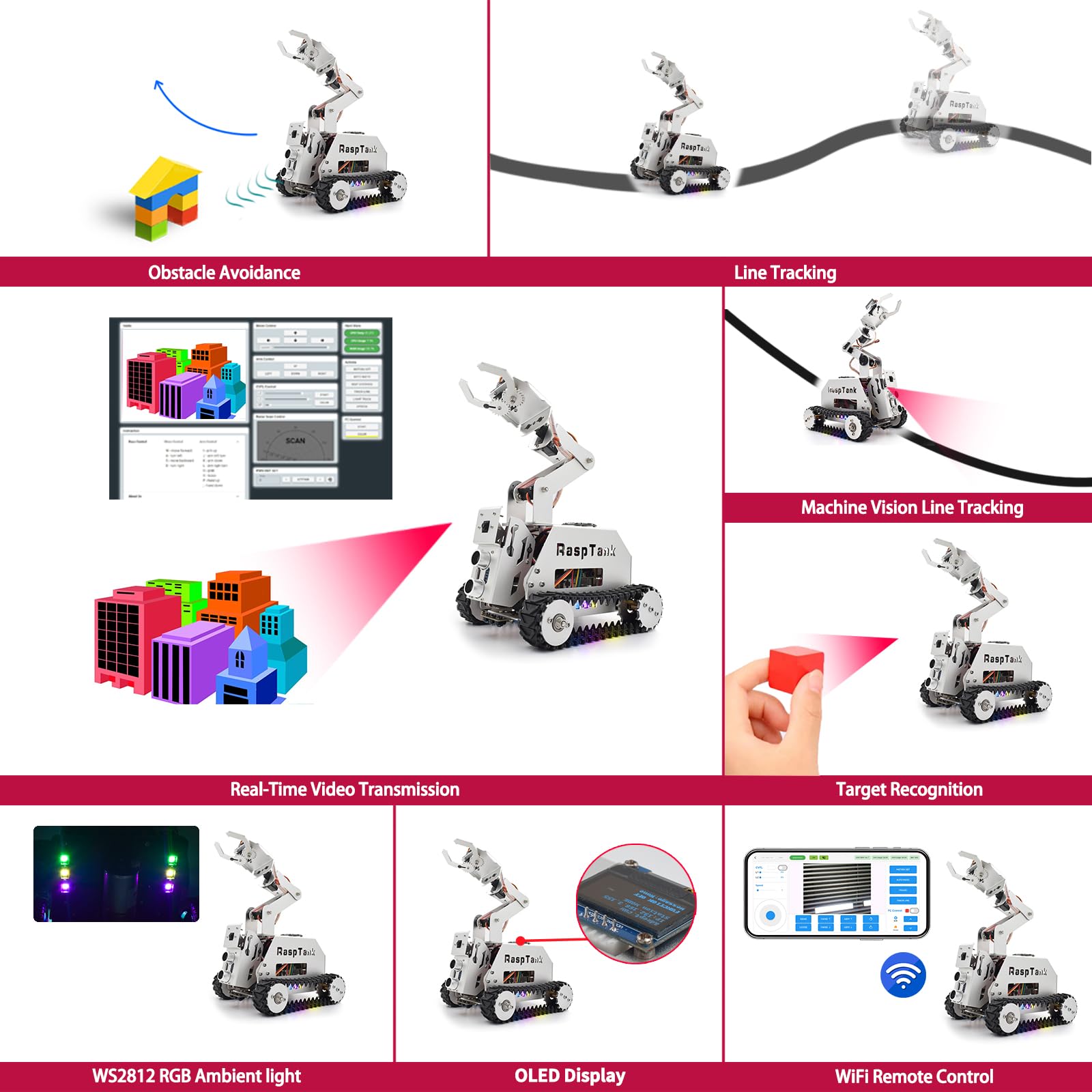 Adeept RaspTank Metall Smart Car Kit für Raspberry Pi 5/4B/3B/3B+(Board Nicht enthalten), Tank Tracking Roboter mit 4 DOF Roboterarm, OpenCV, Hindernisvermeidung, Linienverfolgung
