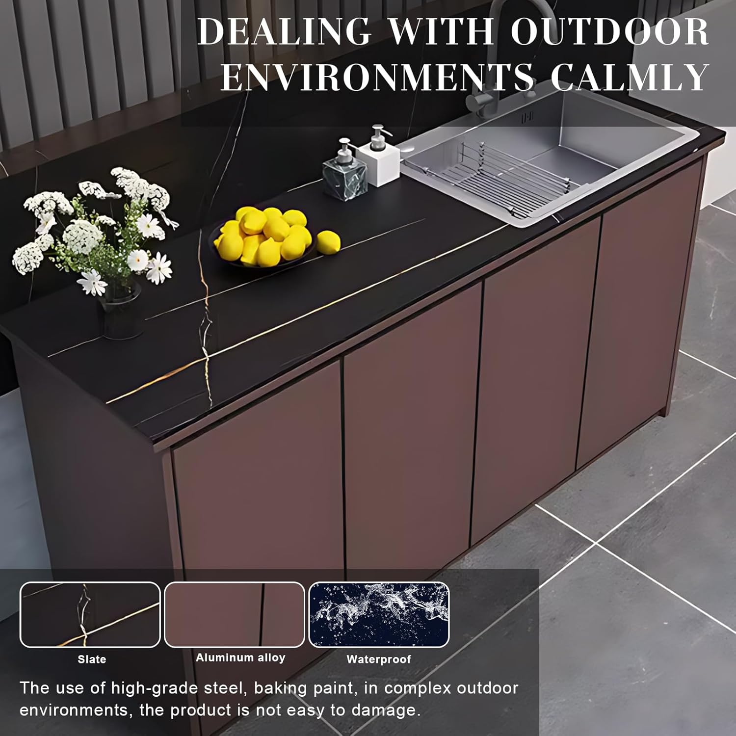 Outdoor Kitchen Cabinet with Brown Thick Aluminum Panel,Includes Black Textured Rock Board Tabletop,Spacious Storage Cabinet,Stainless Steel Sink for Balcony and Garden(62.99IN)