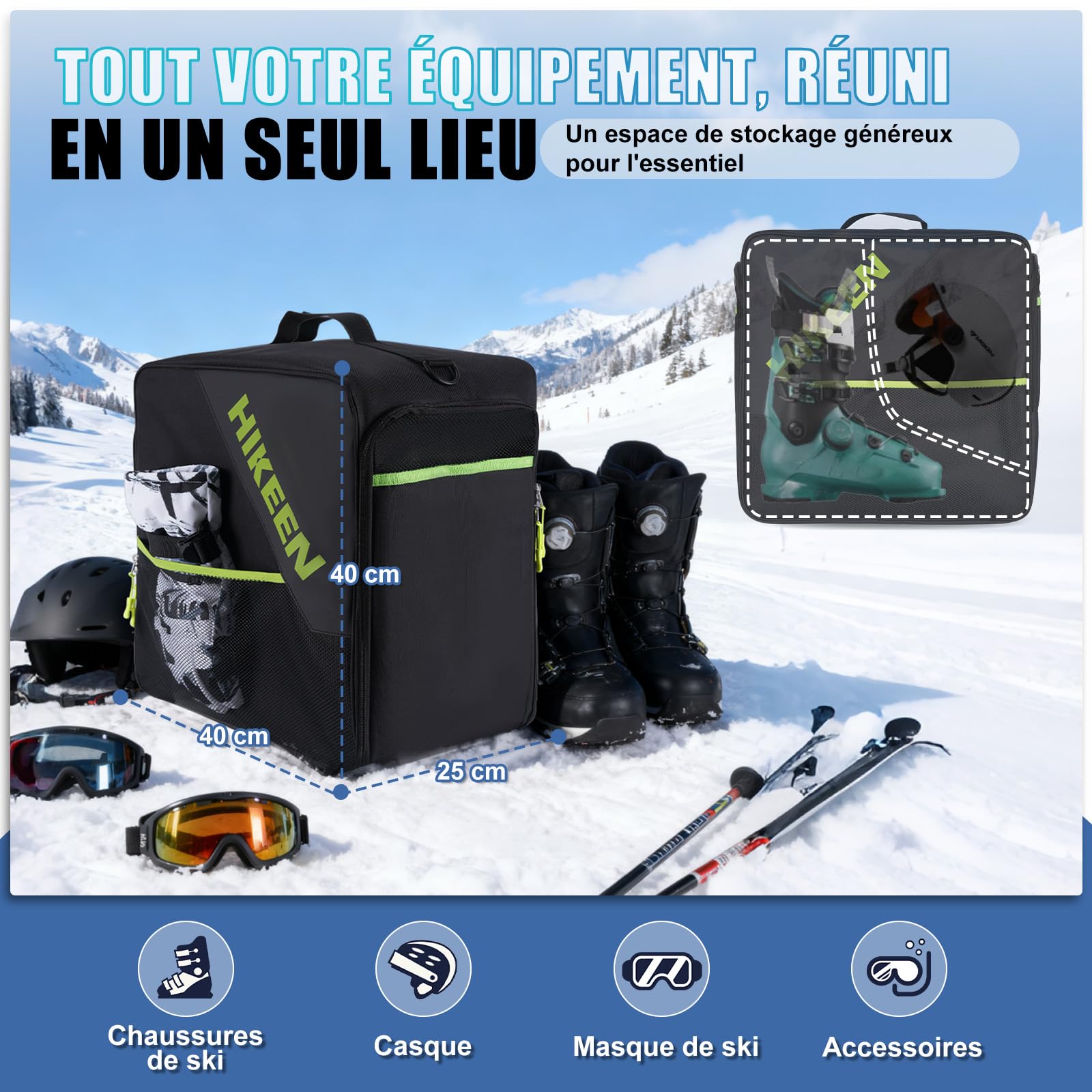 Hikeen Sac Chaussures Ski Compartiment Casque 40L Sangle Épaule Système Ventilation Mesh Housse Matelassée EVA