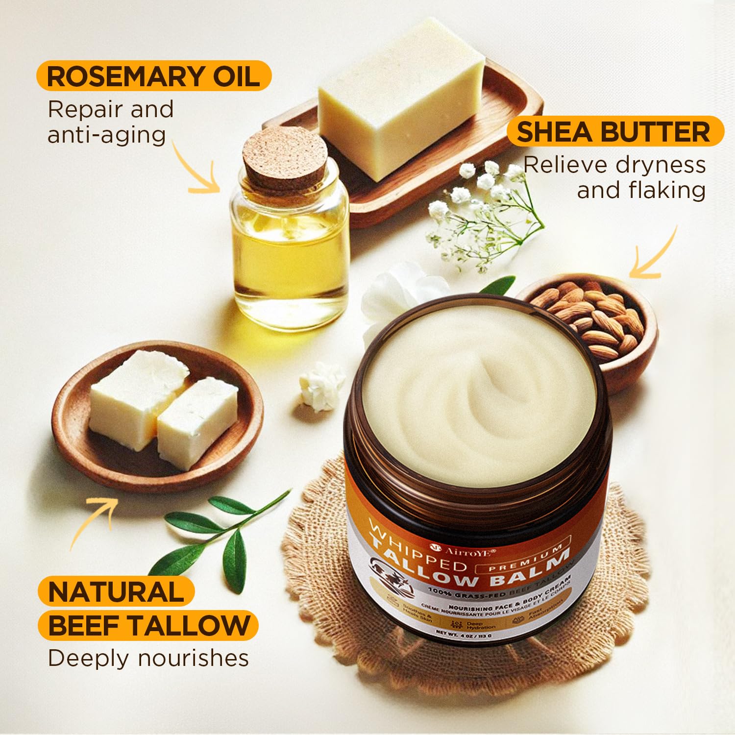 Grass-Fed Beef Tallow for Skin: Whipped Beef Tallow Face Body Moisturizer - All Natural Skincare Tallow Balm for Eczema and Dry Skin 4oz (Unscented)