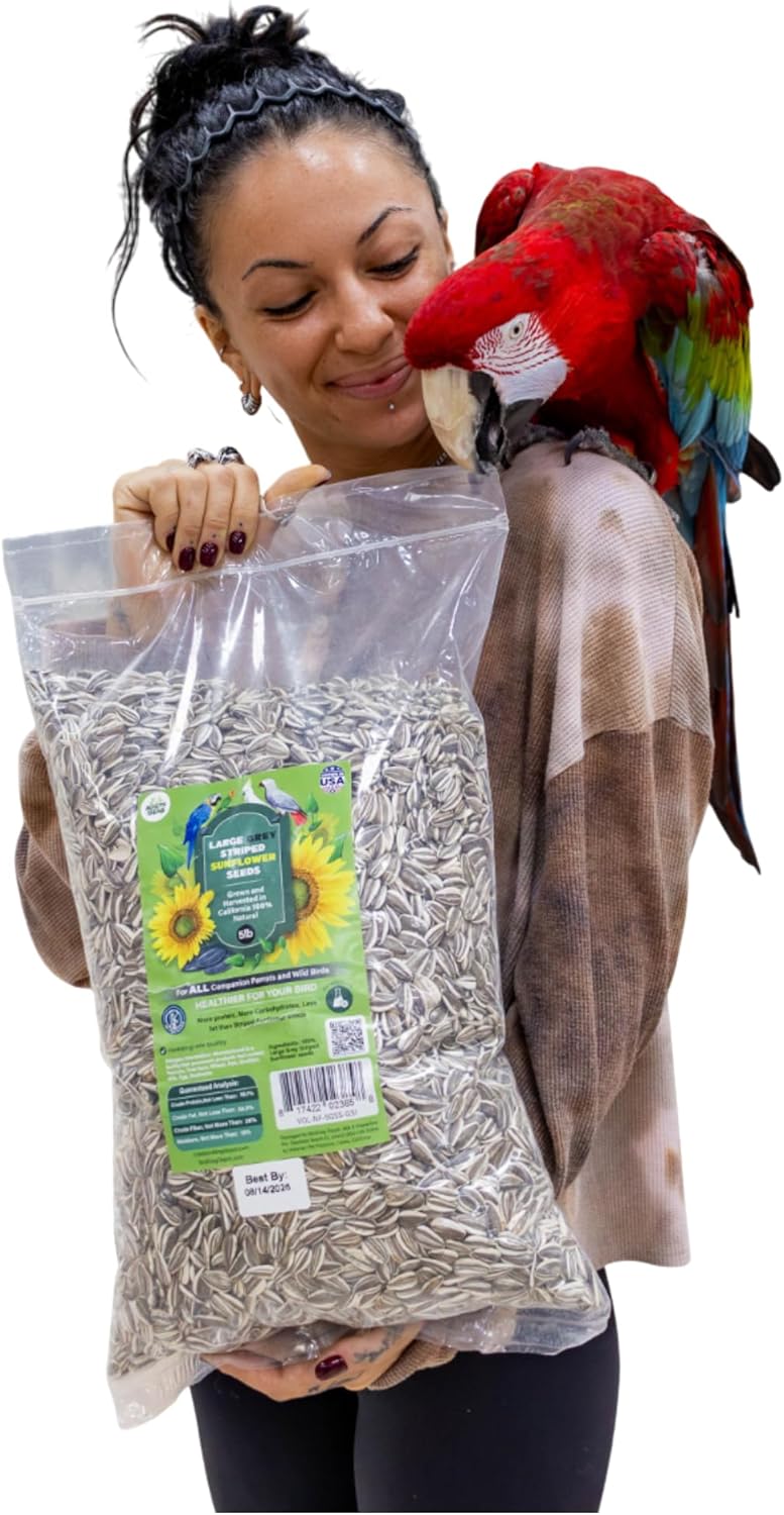 Nemeth Farms – 5 Lb Bag, Premium Large Gray Striped & Air Cleaned Sunflower Seeds, Natural Bird Food for Parrots, Cockatiels, Parakeets, Finches & Wild Birds, Non-GMO, Feeder-Ready & Plantable