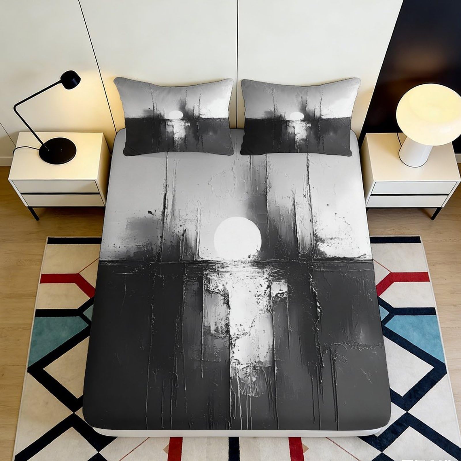 3D Printed Abstract Cityscape Fitted Sheet Microfiber Soft Breathable Monochrome Sun Mattress Cover Bedroom Decor 90x200x25cm