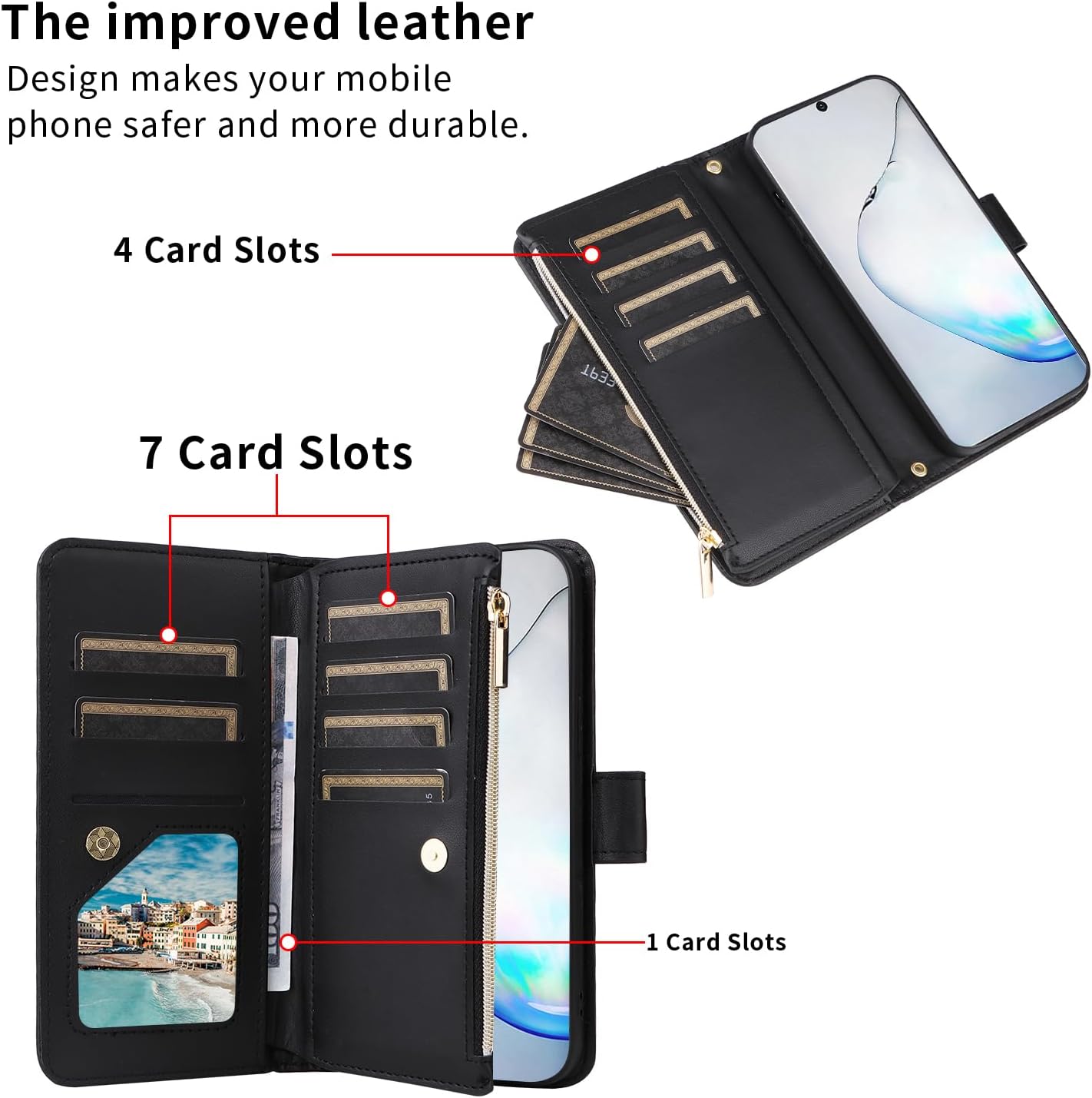 Wallet Case for Samsung Galaxy Note 10 5G Wrist Strap Crossbody Shoulder Strap Leather Flip Zipper Purse Card Holder Slots Protector Stand Phone Cover Note10 Notes 10s Ten Not S10 Girls Black