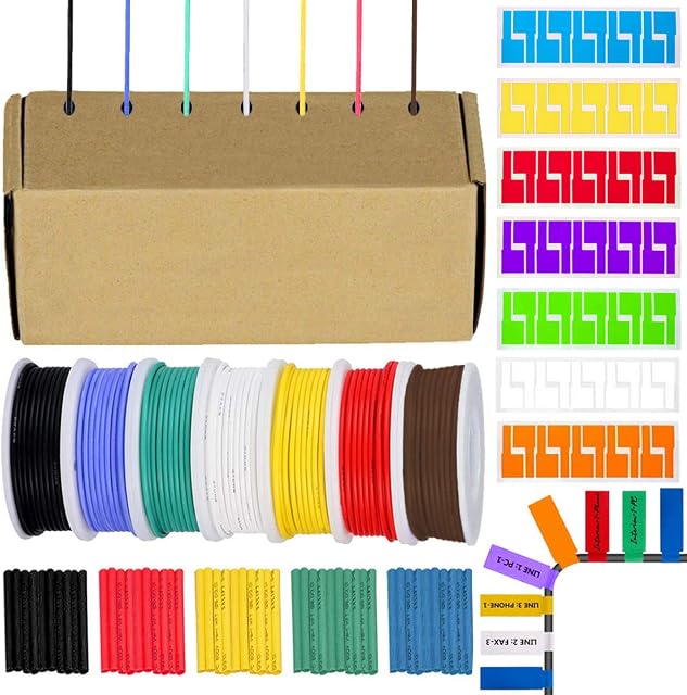Youmile 24AWG Hook up Wire Kit 24 Gauge Silicone Wire 300V 7 Color 10m/33ft Each Stranded Tinned Copper Electrical Wire Assortment Kit with 50PCS Heat Shrink, 70PCS Wire Labels