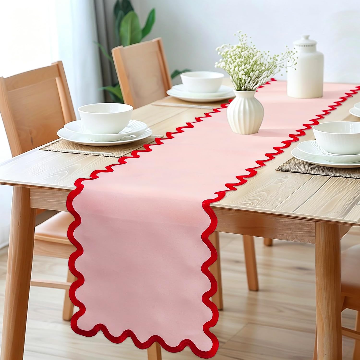 AnyDesign Scalloped Edge Table Runner Elegant Red Pink Table Cover Decoration for Holiday Wedding Birthday Party Home Kitchen Dining, 15 x 69.3 Inch