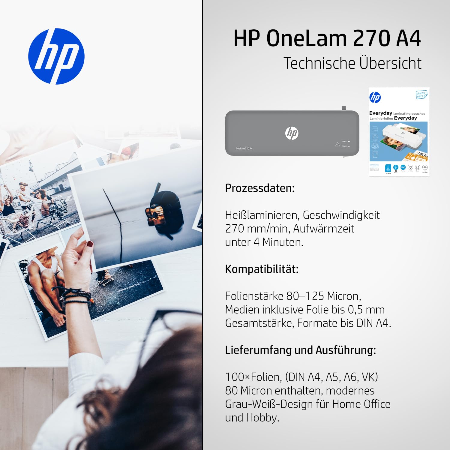 HP OneLam Plastifieuse A4 270 (plastification à chaud) avec films de plastification HP Everyday Kit de démarrage 80 microns composé de 100 feuilles A4/A5/A6 et cartes de visite