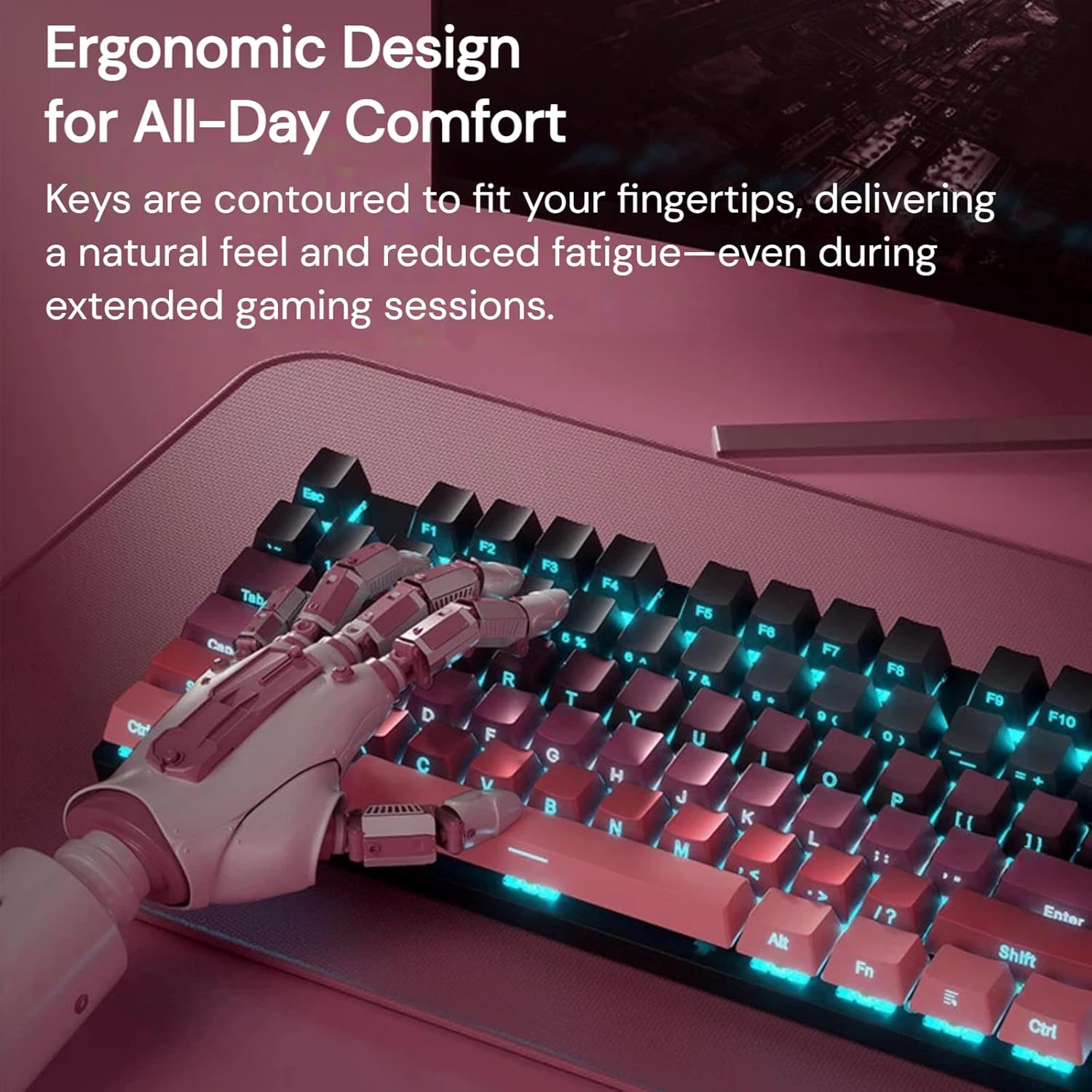 HP GK400F Mechanical Gaming Keyboard, Wired USB, 104 Keys, Tactile Brown Switches, Ice Blue LED Backlit, Anti-Ghosting Full Keys, Ergonomic Metal Panel, Black & Pink Gradient