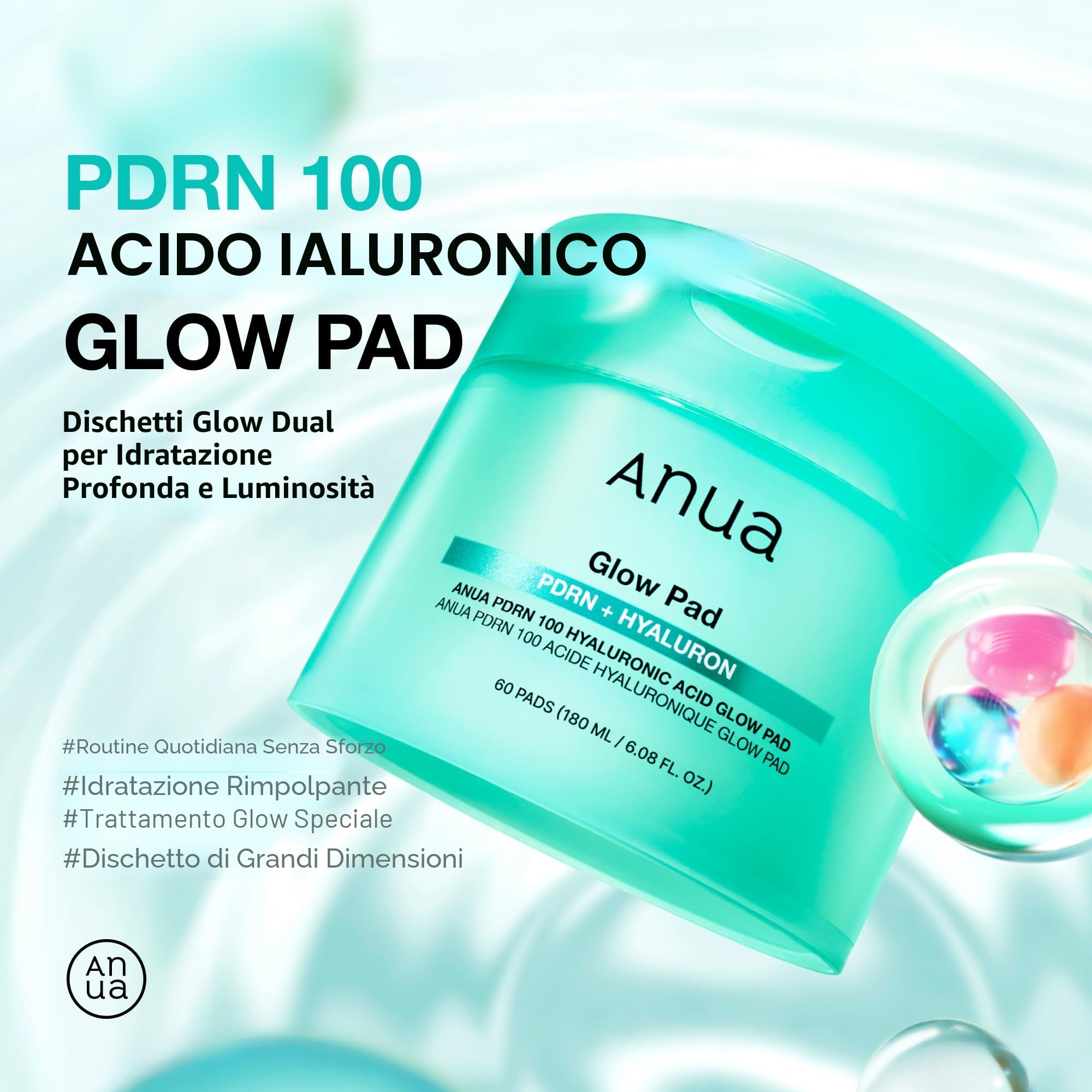 Anua PDRN 100 Hyaluronic Acid Glow Pads - Dischetti tonico viso coreani glow e rimpolpanti con PDRN e Acido Ialuronico, idratazione profonda, prep make-up, doppia texture (180 ml, 60 pads)