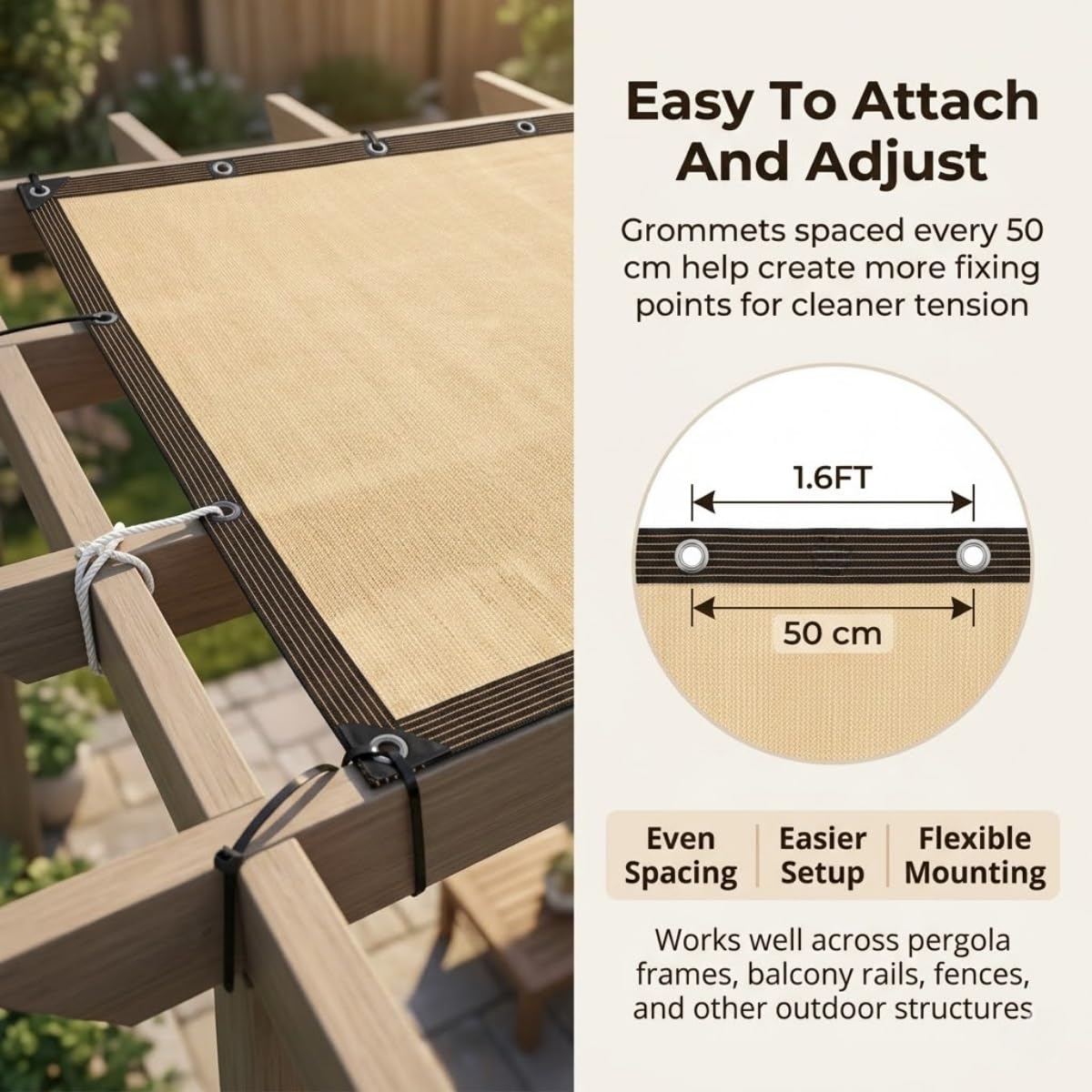 Sonnensegel für den Außenbereich mit Ösen alle 50 cm, 90 % UV-Schutz, atmungsaktiver Stoff für Terrasse, Balkon, Garten, Terrasse, Zaun und Gewächshaus (4 x 4,5 m)