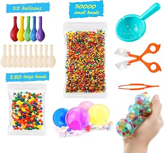 Water Beads Pack, 30000 Small Water Beads and 150 Jumbo Water Beads, 15 Balloons,Water Gel Beads for Kid's Sensory Play and Home Decoration