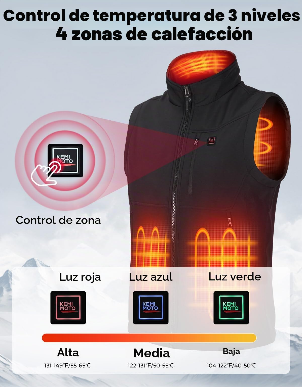 KEMIMOTO Chaleco Calefactable, Chalecos Impermeable Térmicos APP Exclusiva y Batería de 10000 mAh, Tejido Softshell Tela a Prueba de Viento 3 en 1, 4 Zonas de Calor Moto Esquí Senderismo