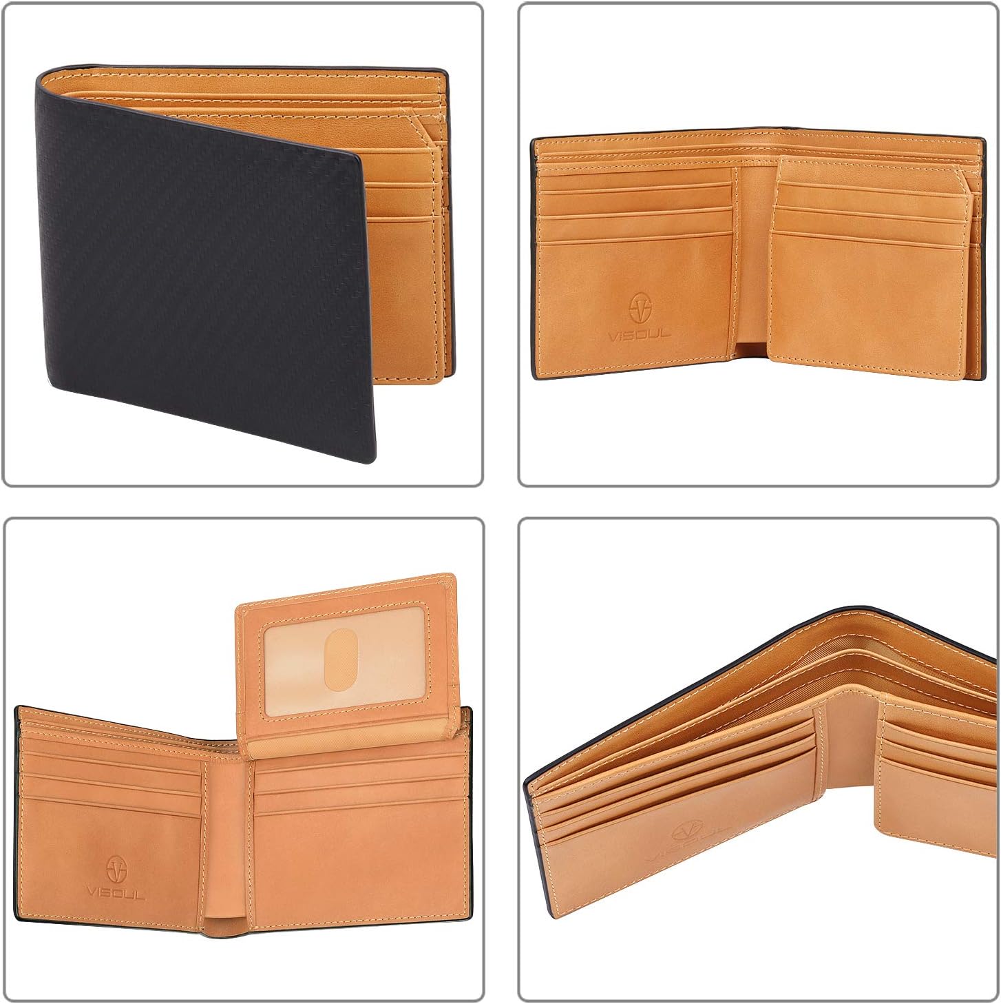 VISOUL Mens Carbon Fiber Leather Wallets Bifold with RFID Blocking, Designer Two-tone Wallet with 1 ID window for Men (Black+Yellow) - Image 2